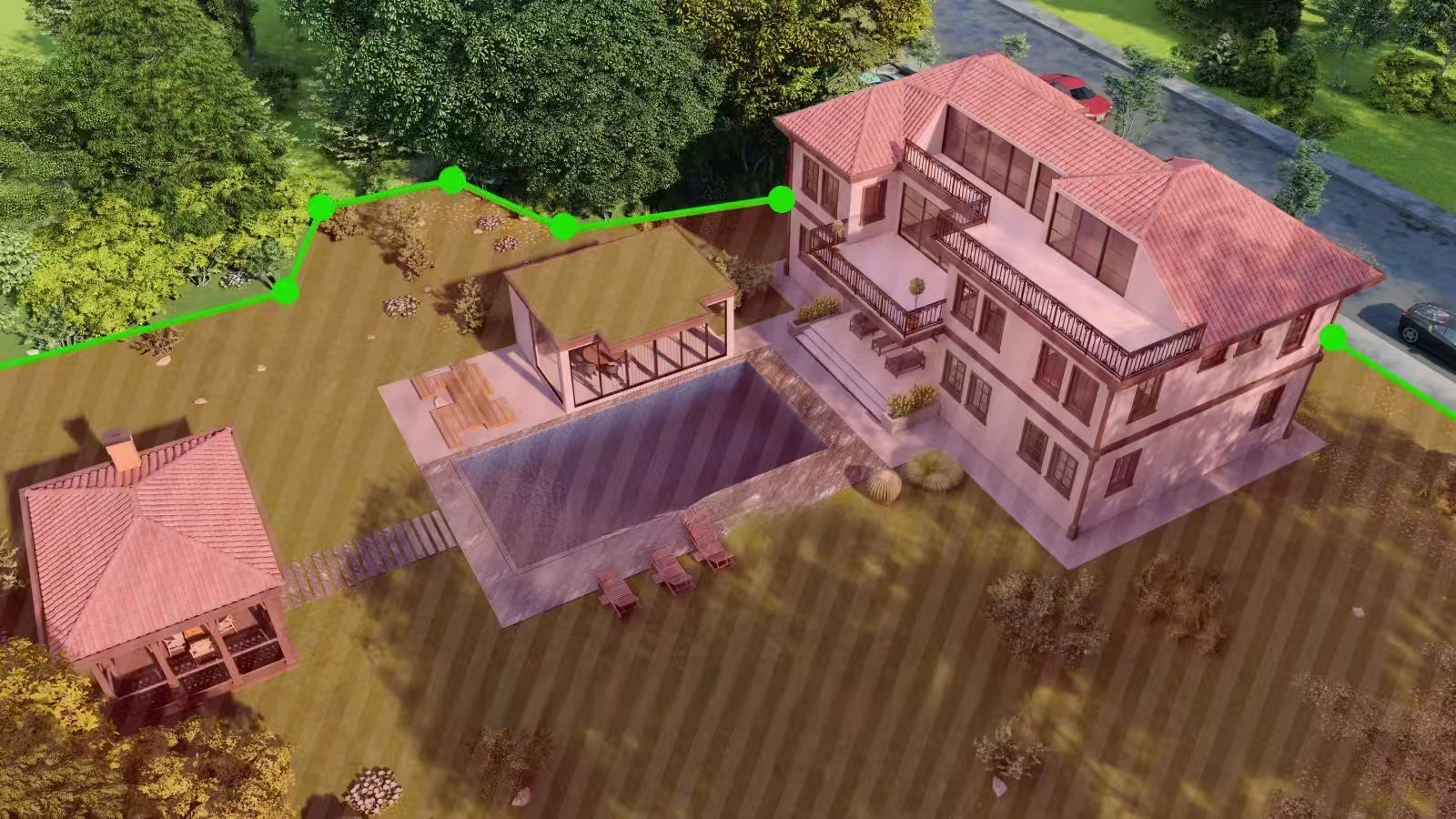 Aerial 3D rendering of a smart home backyard with a customizable virtual fence boundary