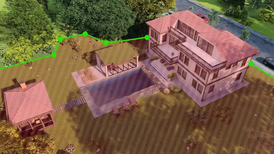 Aerial 3D rendering of a smart home backyard with a customizable virtual fence boundary