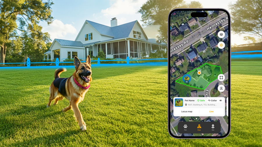 German shepherd running within a virtual boundary while a mobile app displays live GPS location tracking