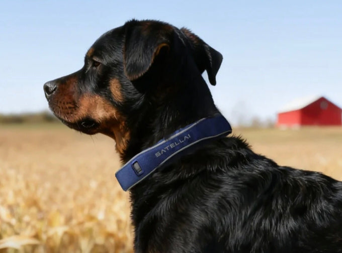 Dog wearing a GPS collar on a farm field