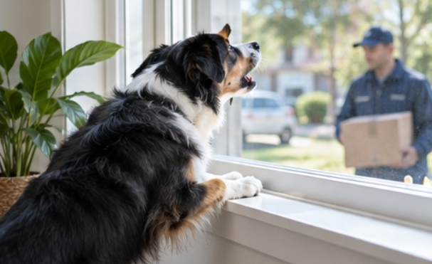 Dog barking while looking outside a living room window