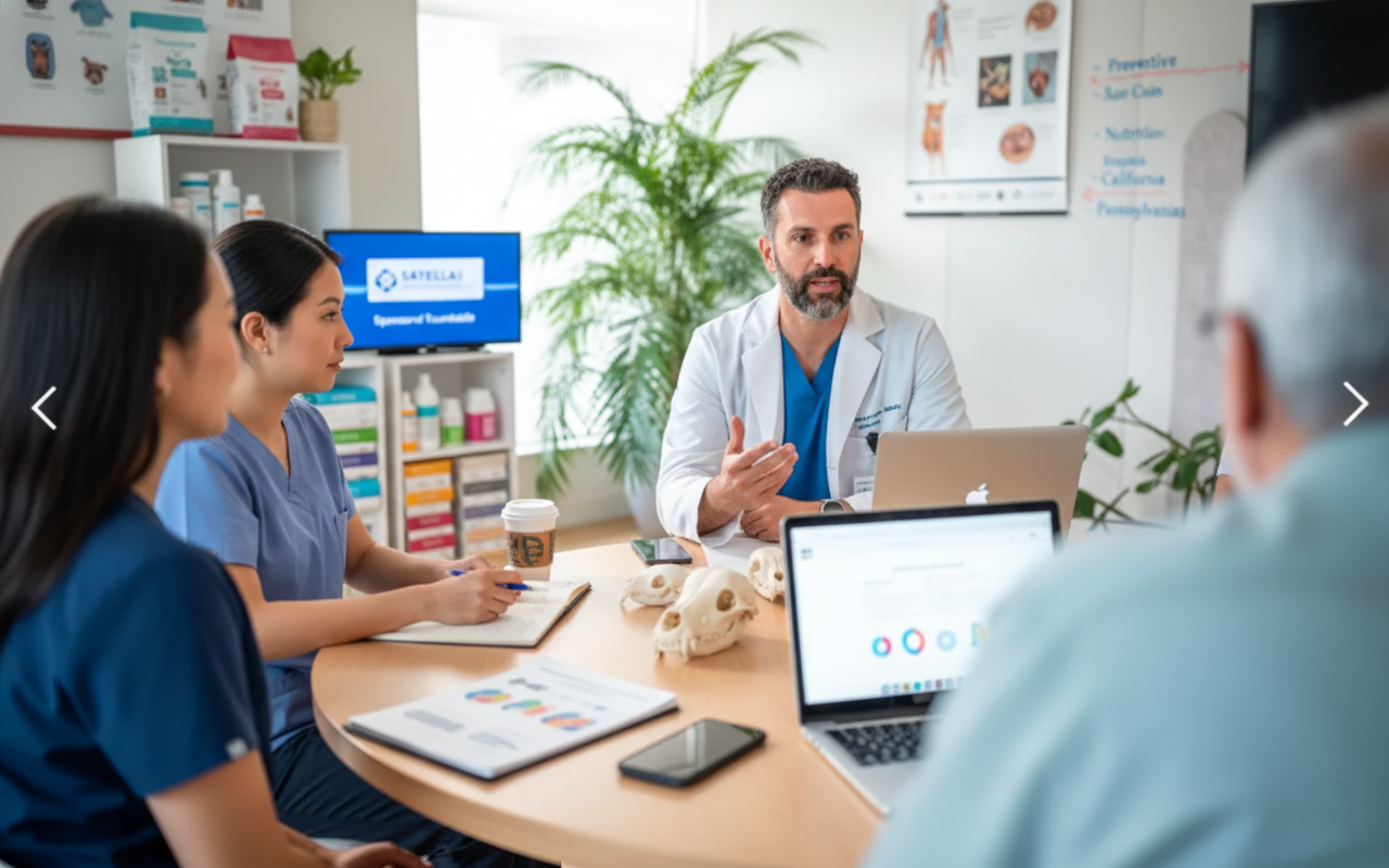 A group of healthcare professionals sit around a table in a clinic or office setting, having a meeting.