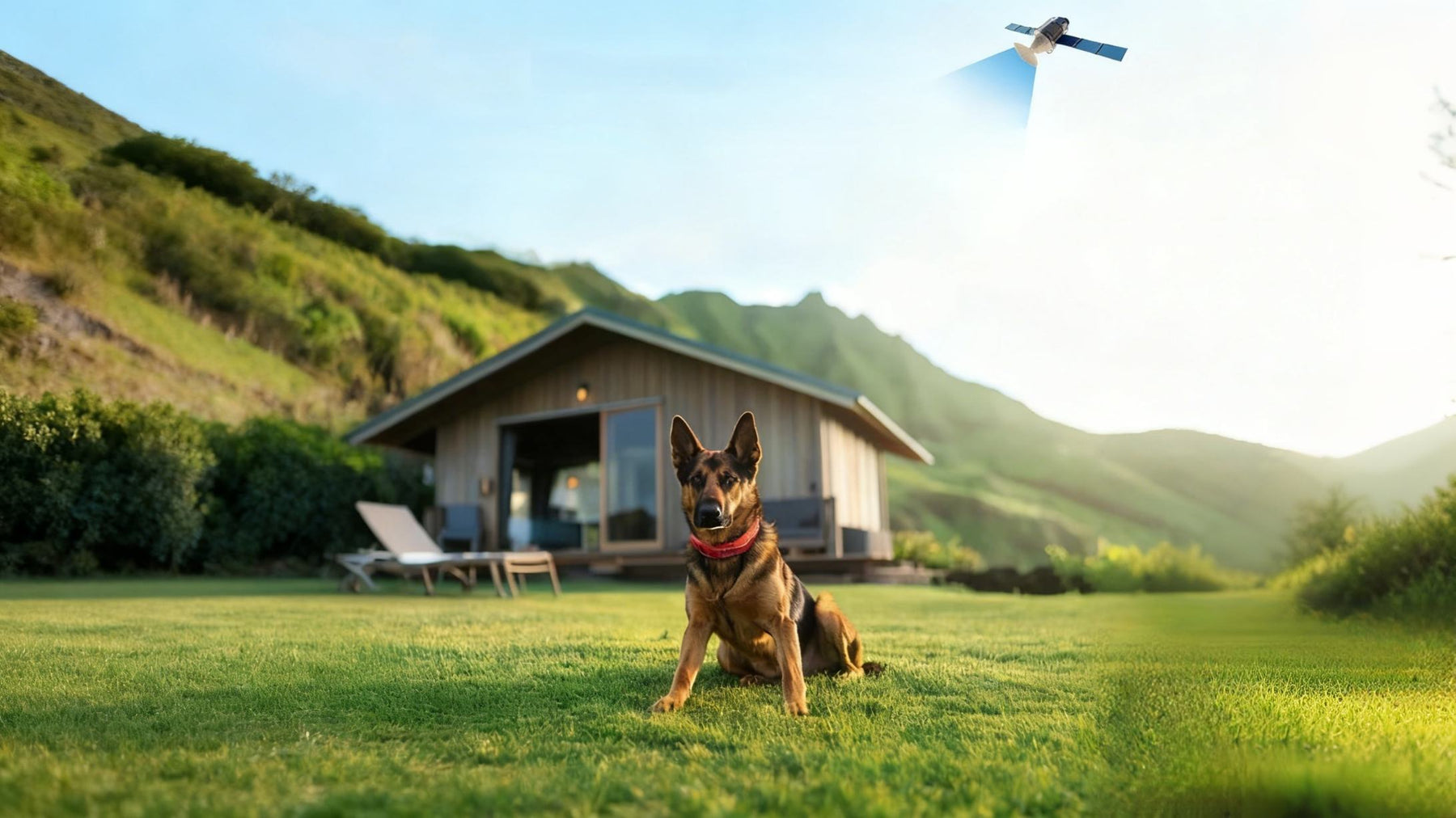 A German Shepherd wearing a collar sits attentively on a lush green lawn in front of a modern house, with a satellite icon in the sky pointing a beam of light towards it.