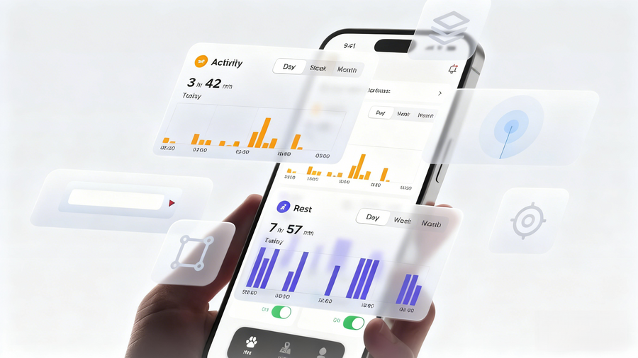 SATELLAI mobile app displaying dog activity and rest tracking charts