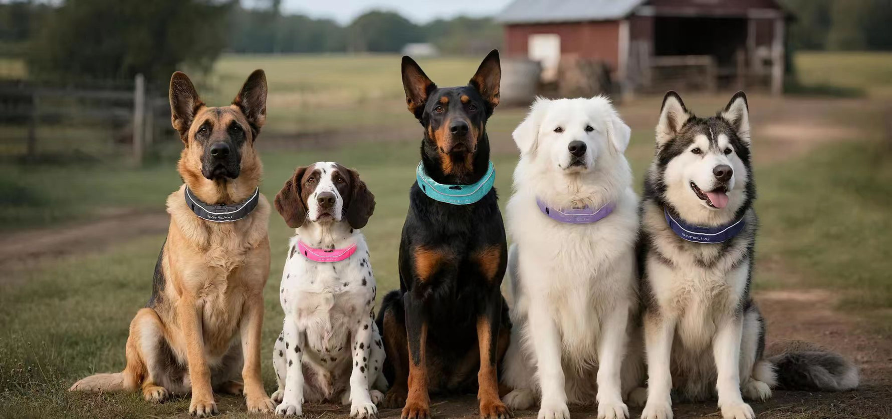 group of different dog breeds sitting outdoors on a farm