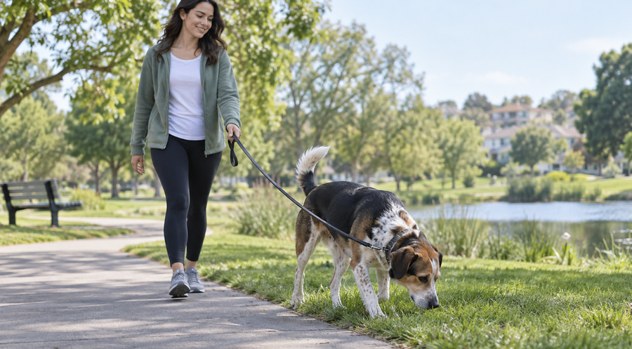 Dog and owner enjoying a calm morning walk in the park
