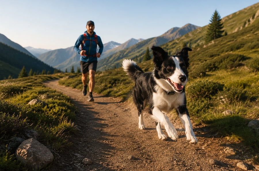 Active Border Collie running on a mountain trail with its owner