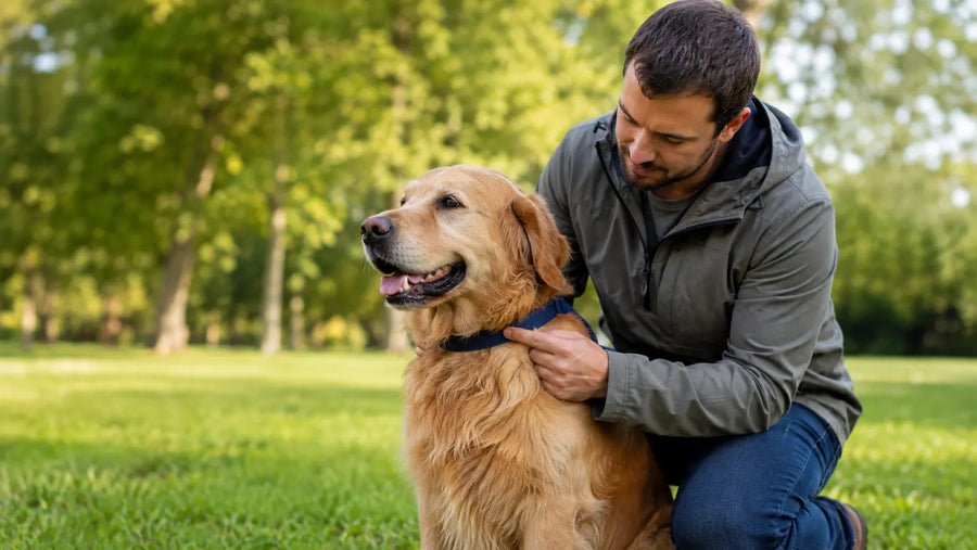 Dog owner checking the fit of a GPS collar before an outdoor walk