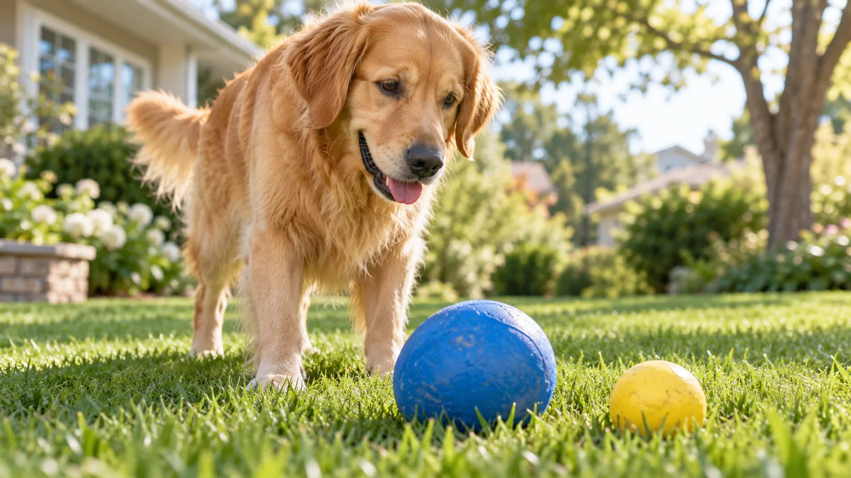 Golden retriever looking toward blue and yellow balls on a sunny lawn
