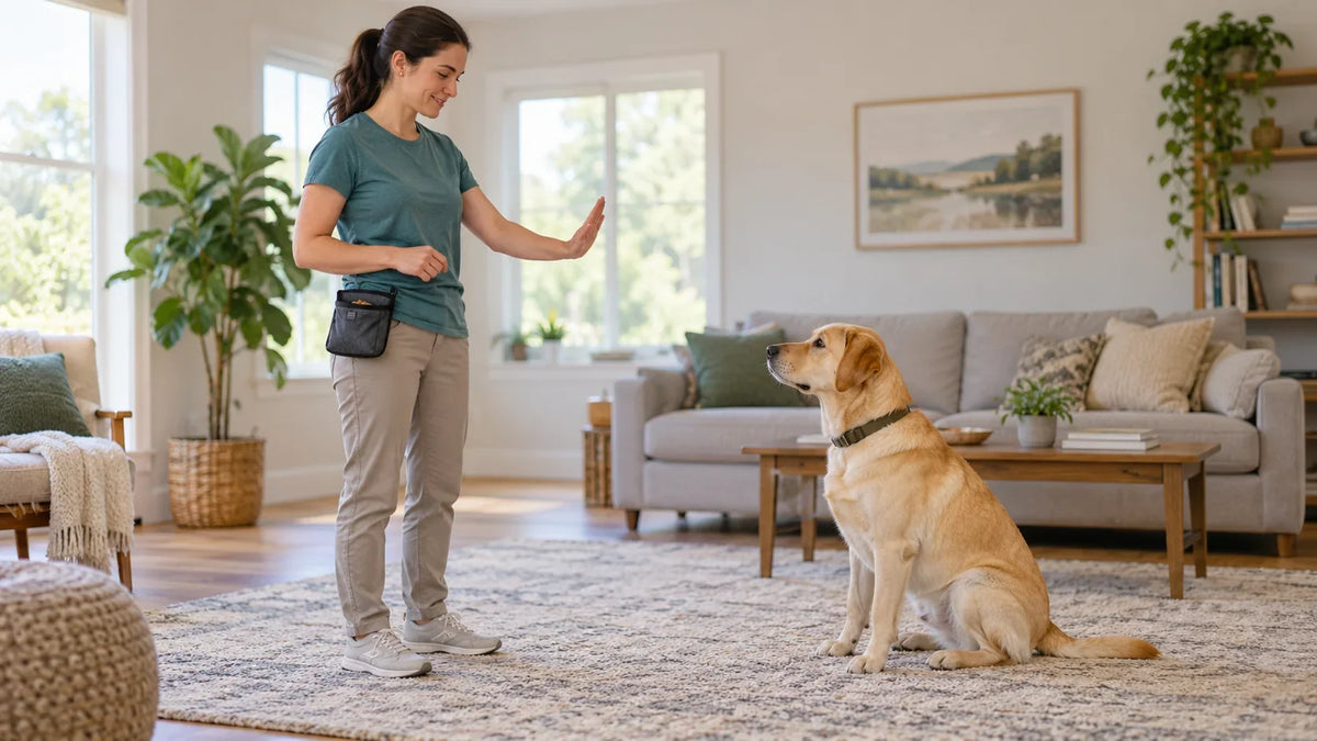 Owner giving an open-palm hand signal to a seated dog during a calm training session