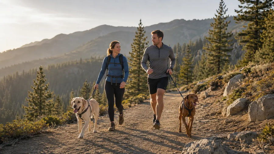 Active dog owners running and hiking with a Labrador Retriever and Vizsla on a mountain trail
