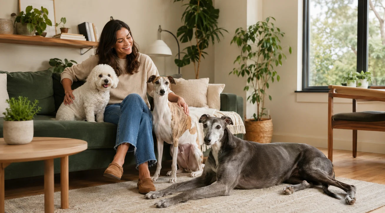 living-hero.webp Dog owner relaxing with apartment-friendly dogs of different sizes in a modern living room