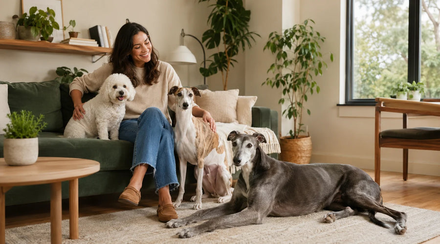 living-hero.webp Dog owner relaxing with apartment-friendly dogs of different sizes in a modern living room