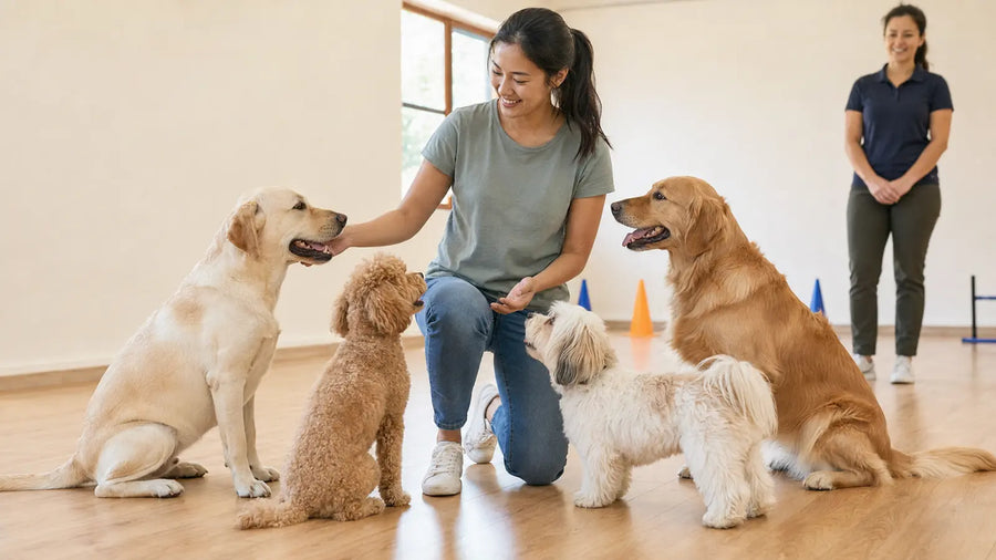First-time dog owner meeting friendly dogs of different sizes during a positive group training class