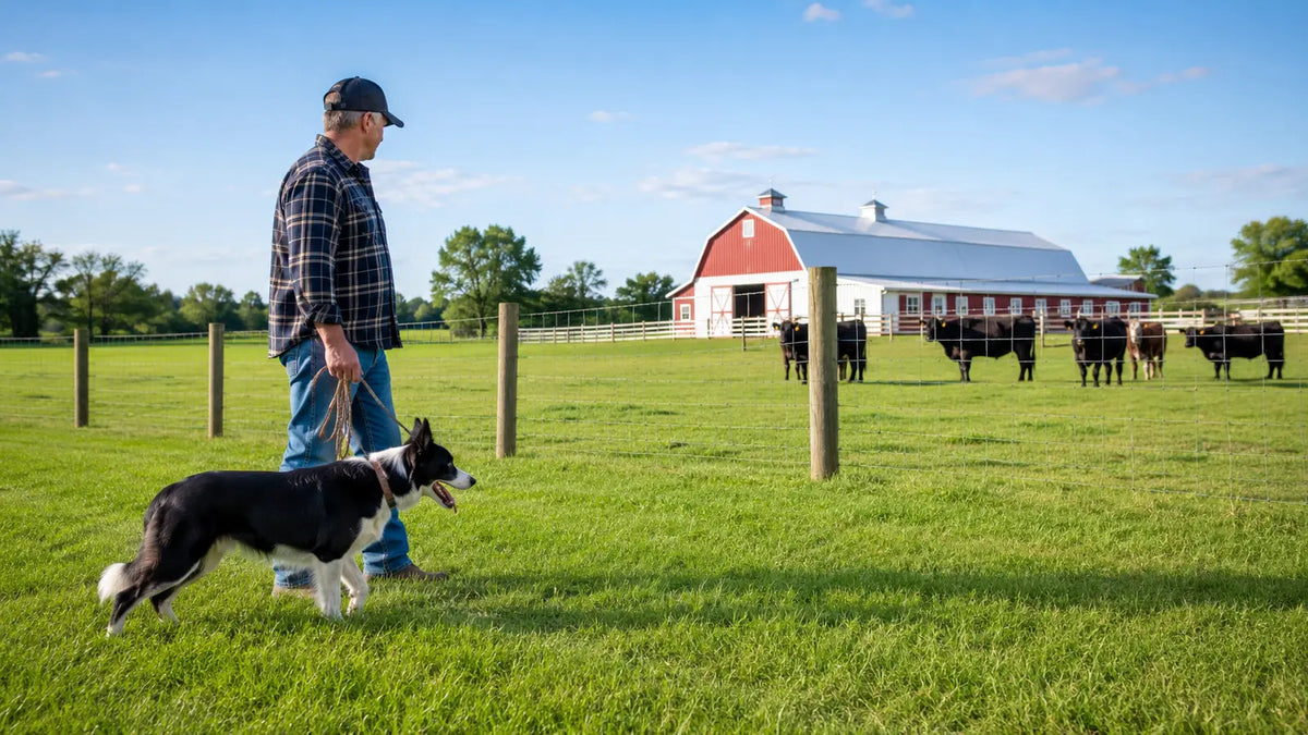 Farm dog safely handled beside a fenced cattle pasture