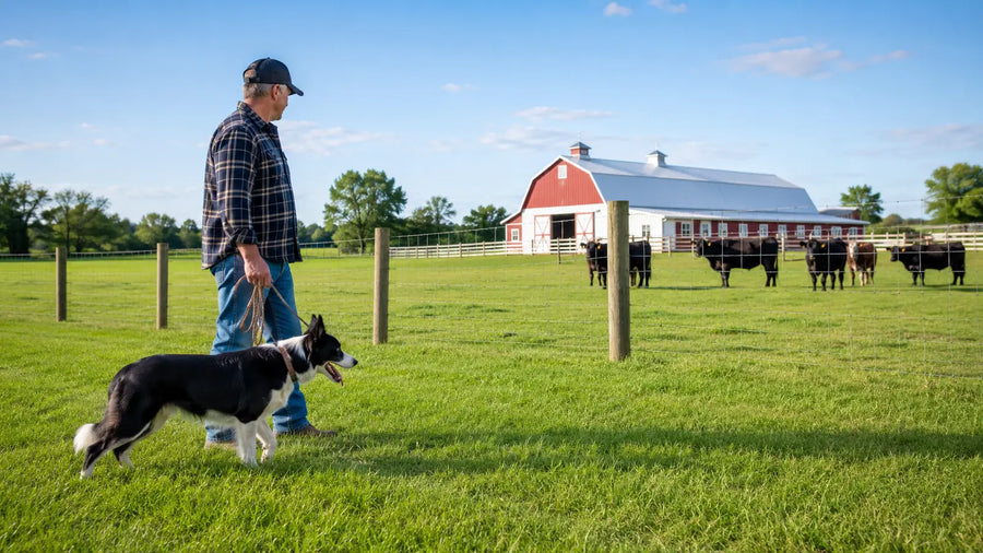 Farm dog safely handled beside a fenced cattle pasture