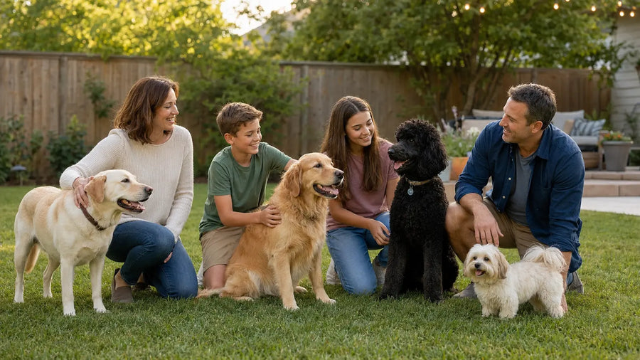 Family spending time outdoors with friendly dogs of different sizes in a relaxed backyard