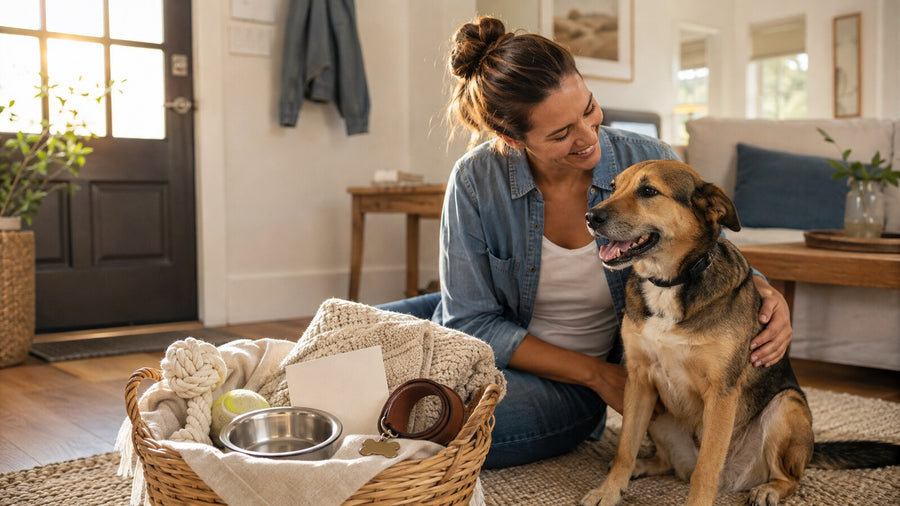 Best gifts for new dog owners arranged beside an adopted dog