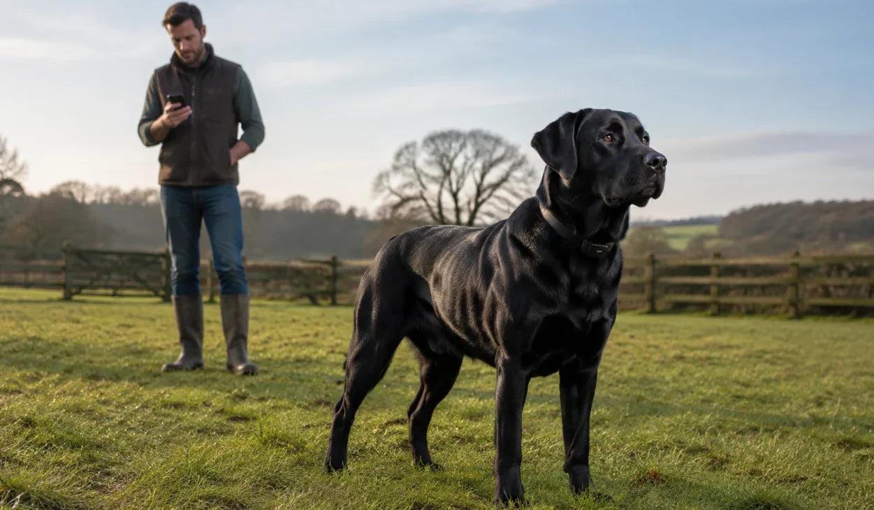 Large dog wearing a GPS collar on an open rural property