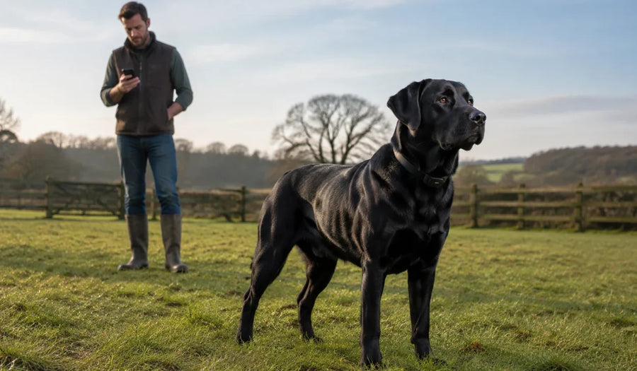Large dog wearing a GPS collar on an open rural property