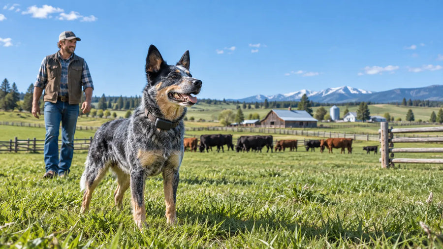 Ranch dog wearing a GPS collar near cattle on open pasture