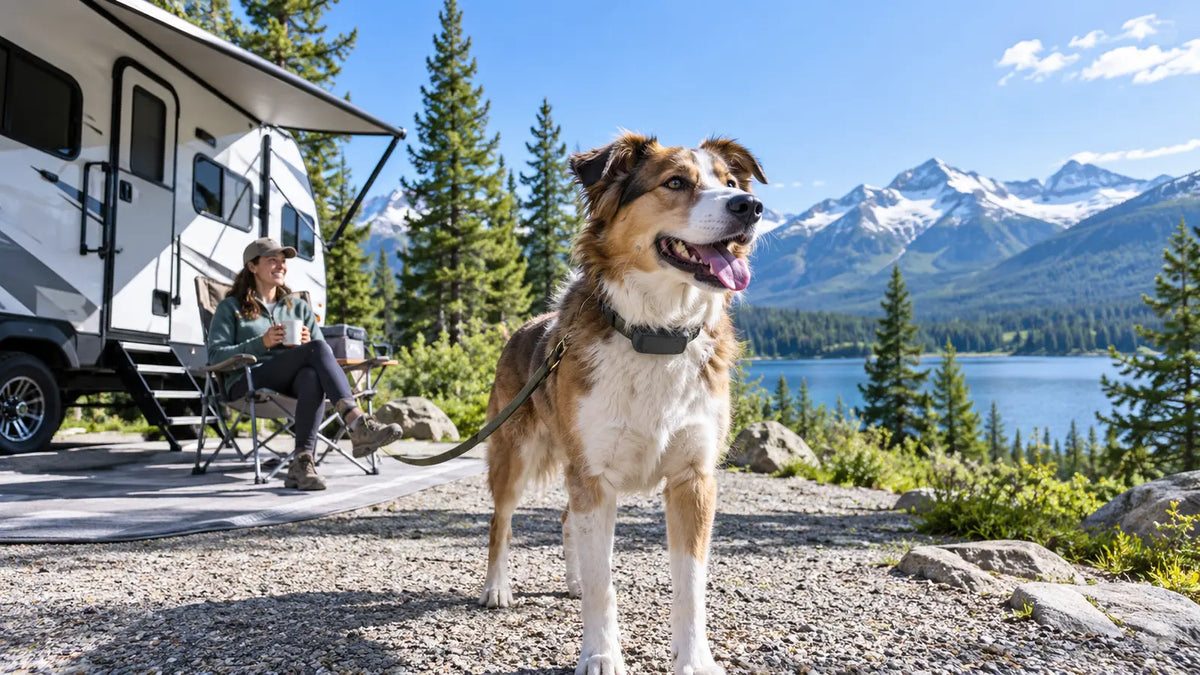 Dog wearing a GPS collar outside an RV at a bright mountain campsite