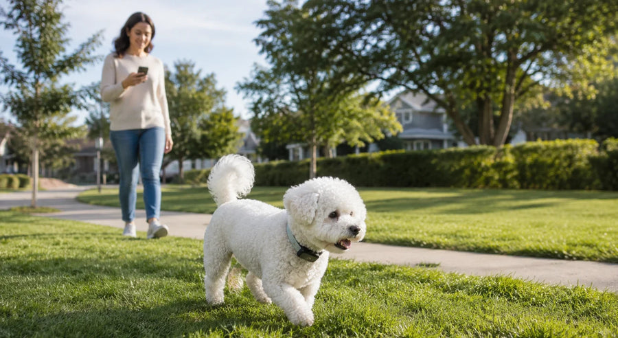 Small dog wearing a lightweight GPS tracker while its owner checks a phone in a park
