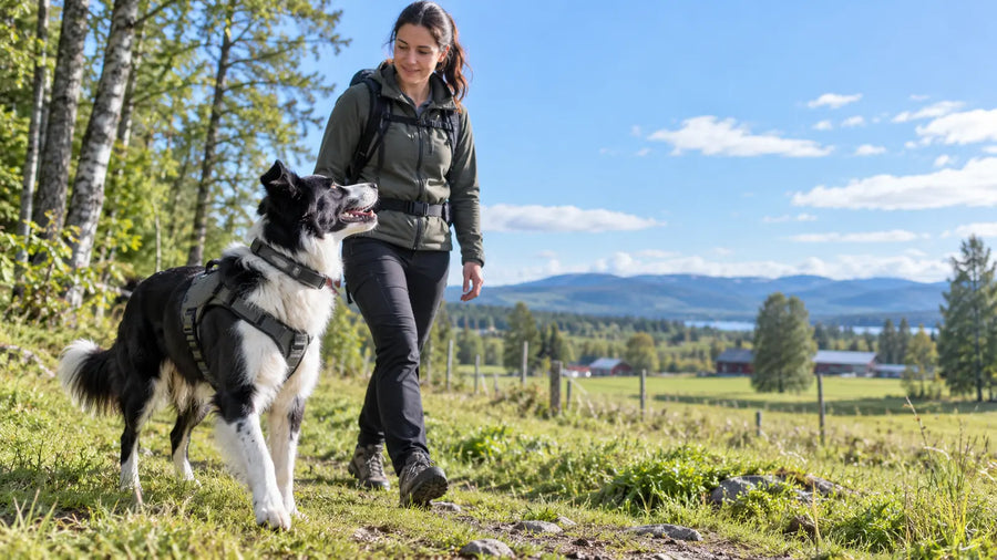 Working dog wearing a GPS collar and harness beside its handler