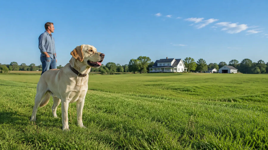 Dog wearing a GPS fence collar on a large open property