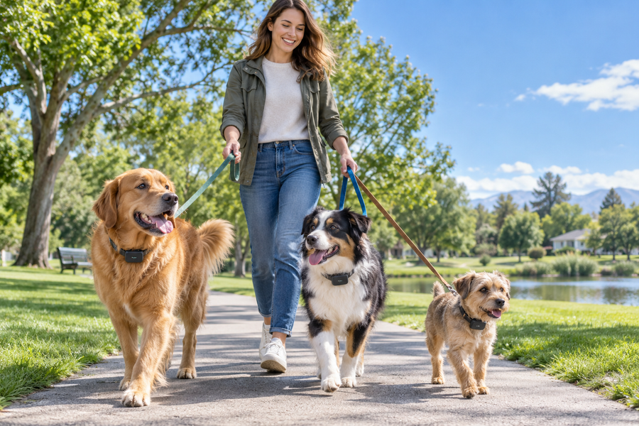 Owner walking three dogs wearing GPS trackers in a sunny park
