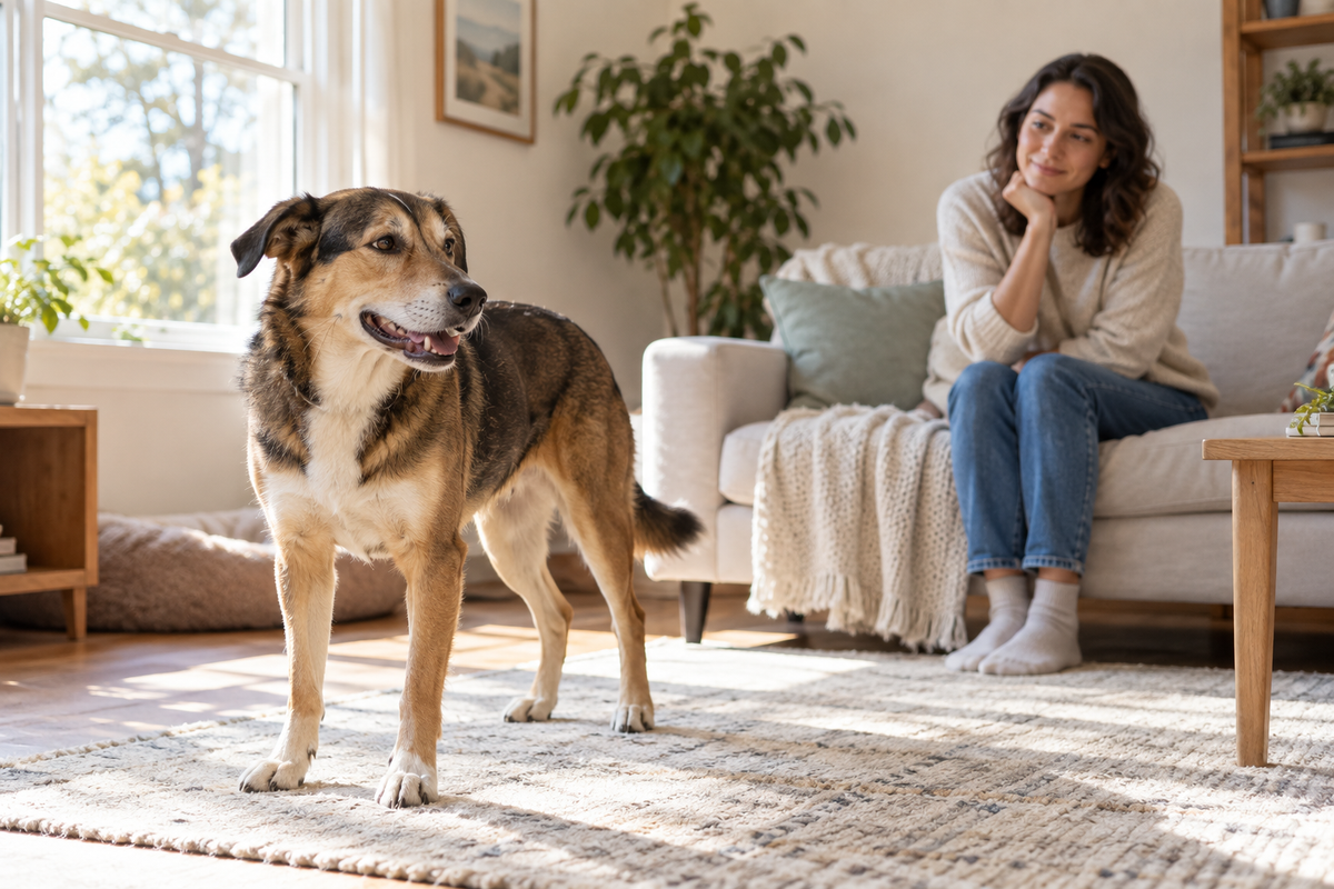 A relaxed dog standing with soft eyes while their owner observes calmly