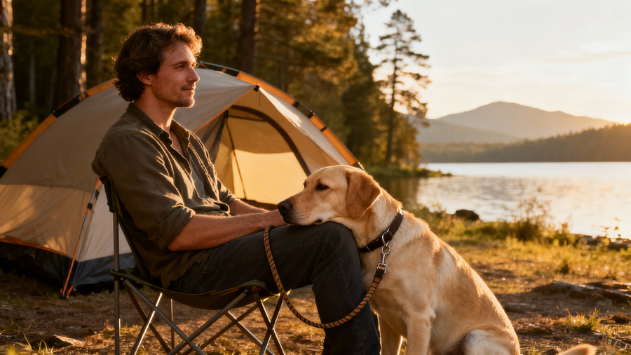 Man camping by a lake with a Labrador retriever at sunset