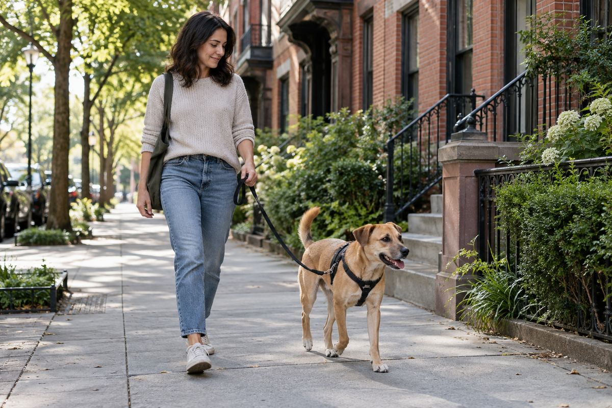Owner walking a leashed dog on a broad sidewalk outside city apartments