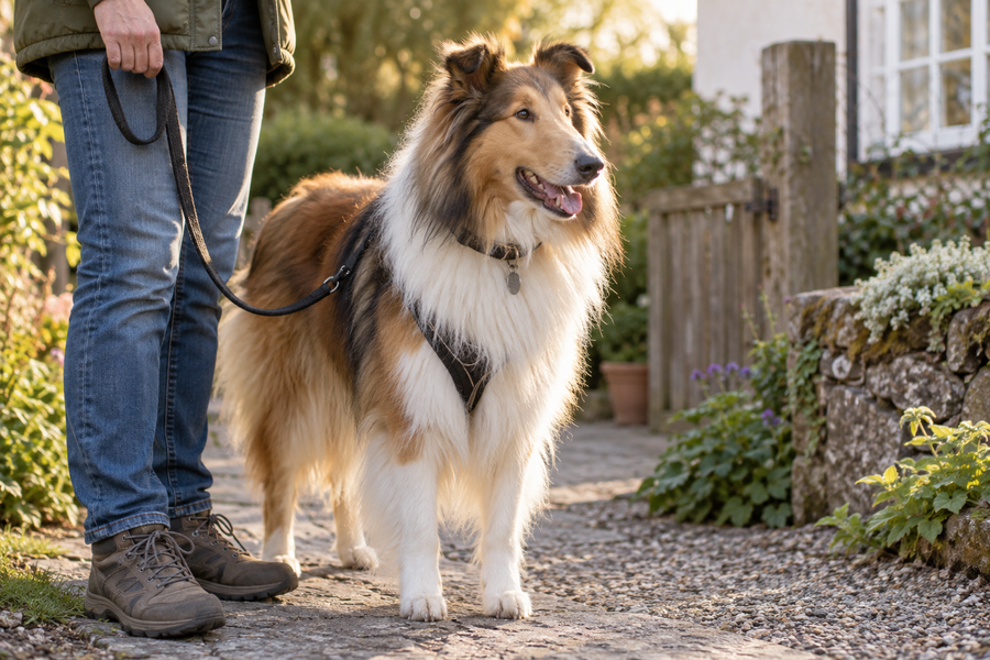 Thick-coated collie wearing a plain collar and harness beside its owner