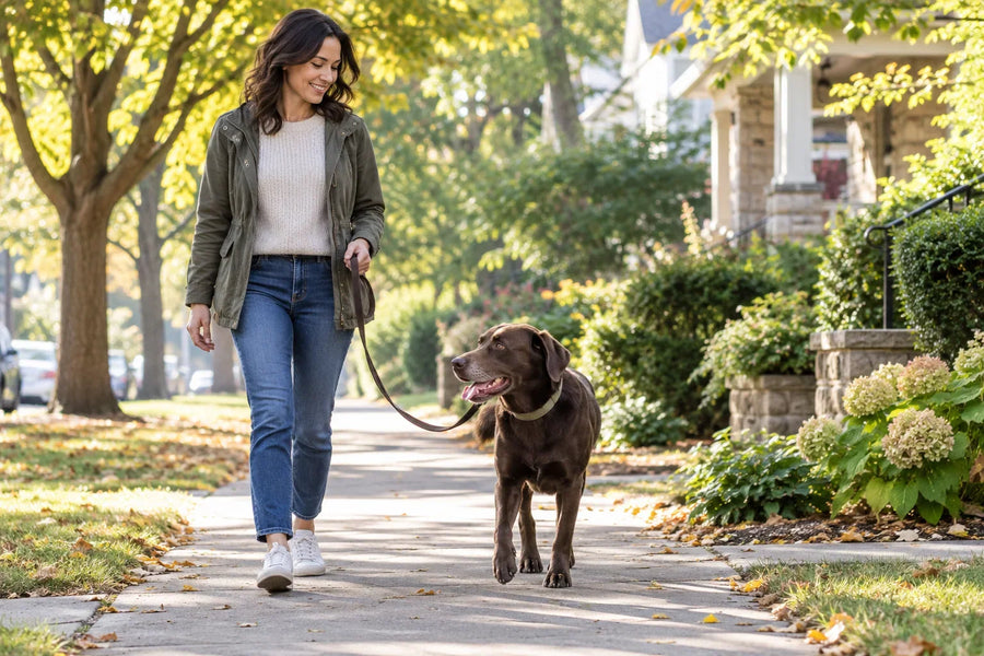 Owner and leashed dog walking past homes on a quiet neighborhood sidewalk.