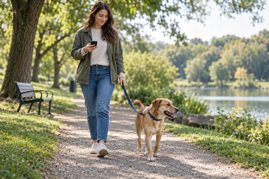Dog owner checking a phone while walking a leashed dog along a park path.