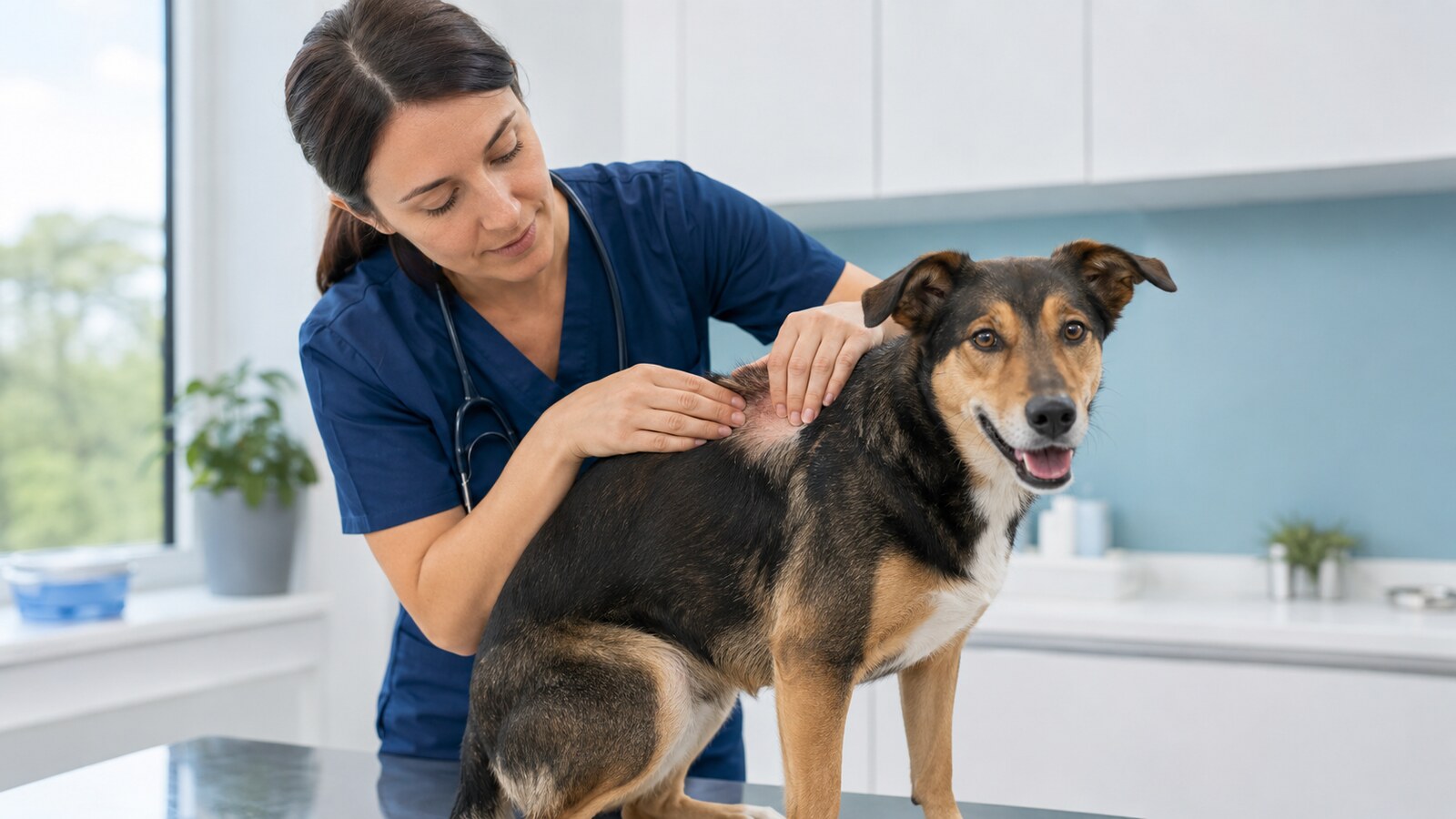 Veterinarian examining a dog’s skin and coat for common skin problems