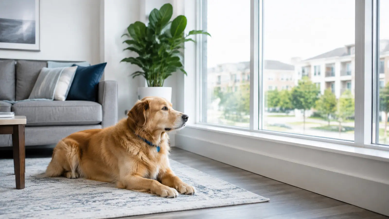 Dog resting alone near a window while waiting at home