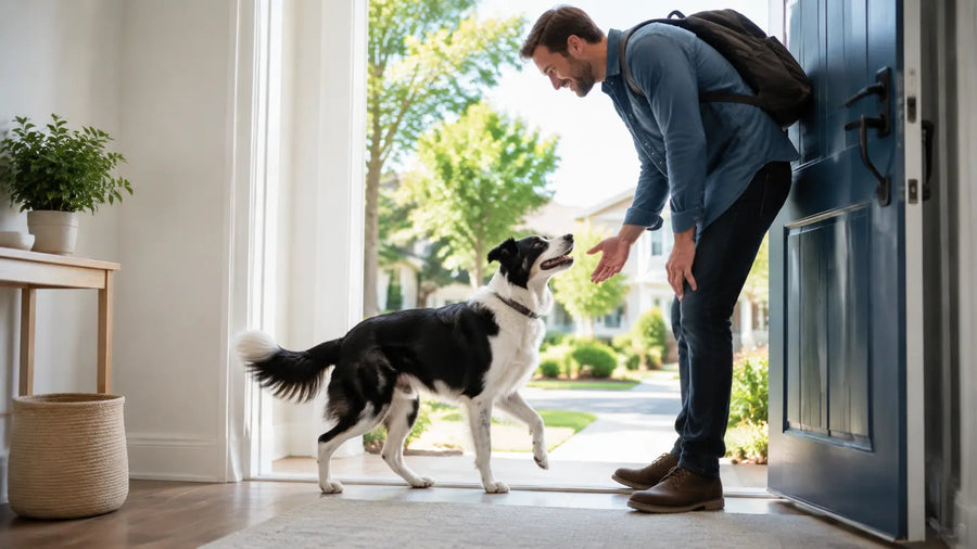 Dog greeting its owner calmly after a short absence