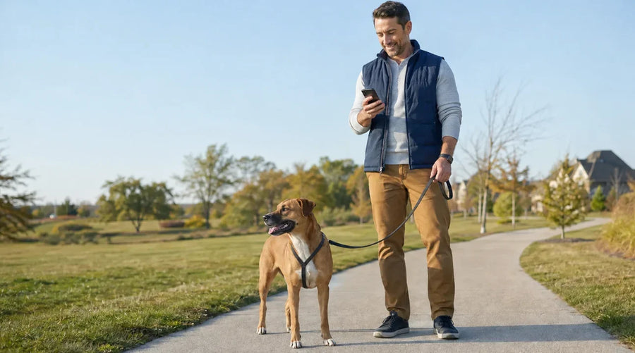 Dog owner checking a smartphone during an outdoor walk with a dog