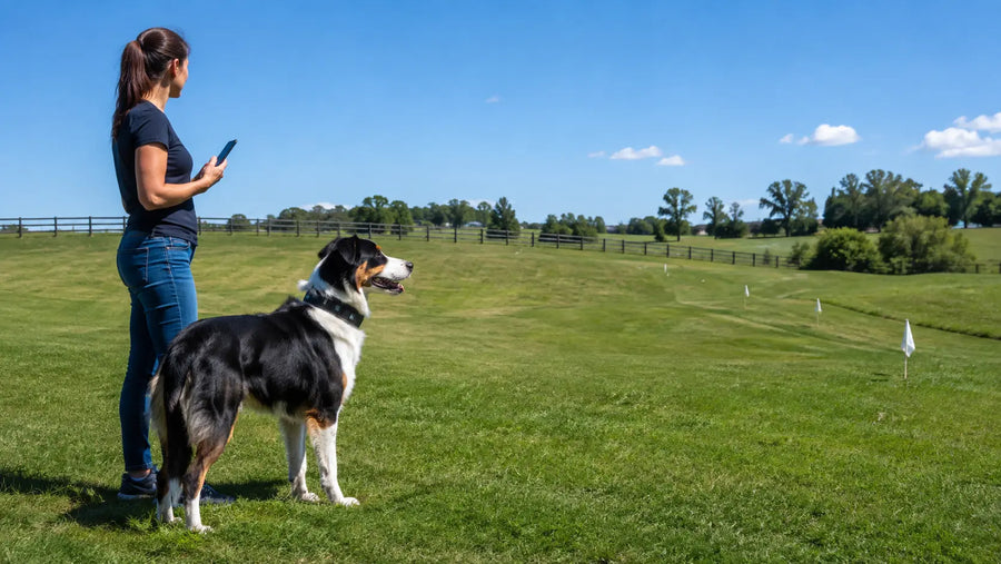 Dog and owner evaluating a GPS dog fence on a large open property
