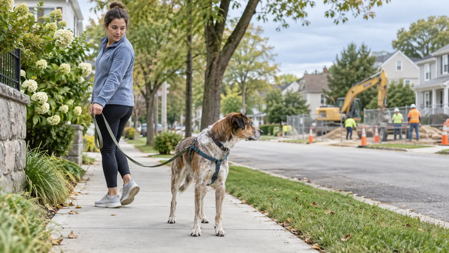 Owner calmly supporting a dog near a manageable construction-noise trigger