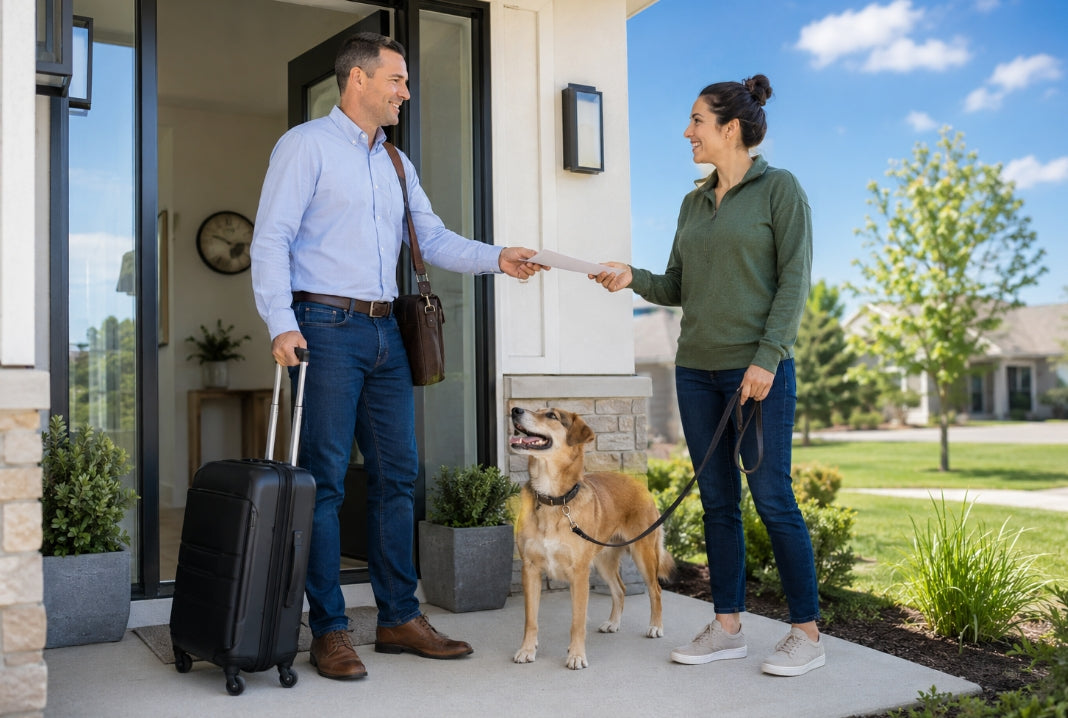 Dog owner handing a care plan to a trusted sitter before leaving for a short trip