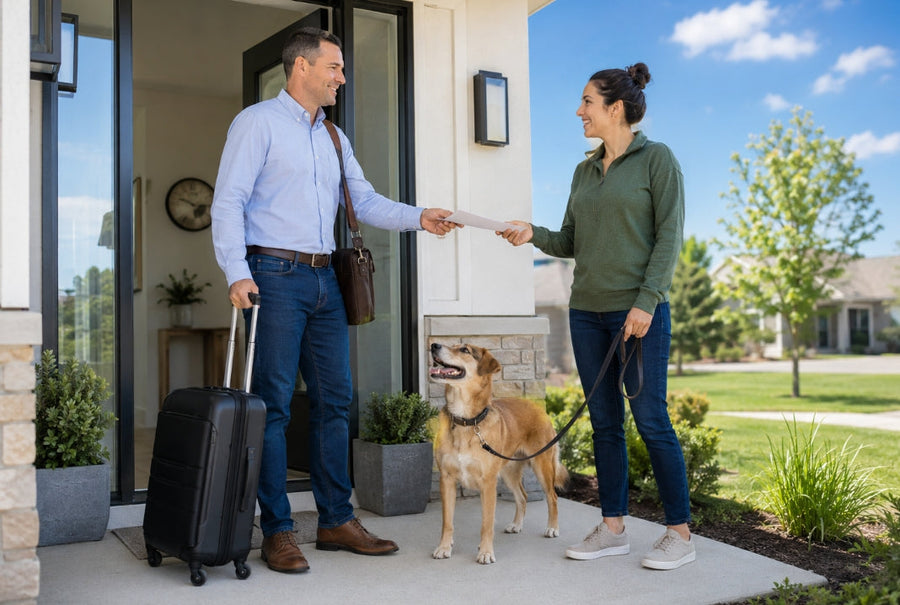 Dog owner handing a care plan to a trusted sitter before leaving for a short trip