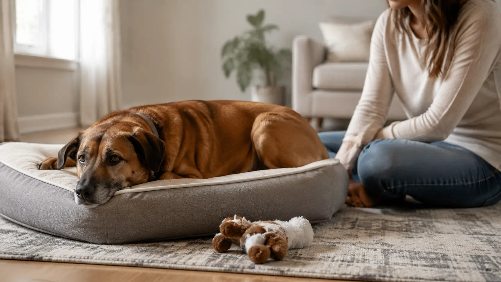 Concerned owner sitting calmly beside a withdrawn dog at home