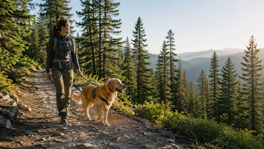 Hiker walking with a leashed dog on a forest trail