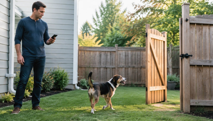 Dog owner checking a GPS app as an escape-prone dog approaches an open backyard gate
