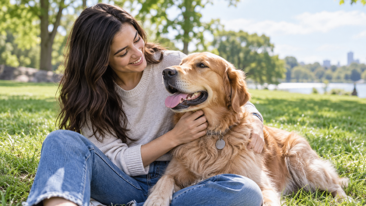 Dog showing love and trust while relaxing beside its owner outdoors