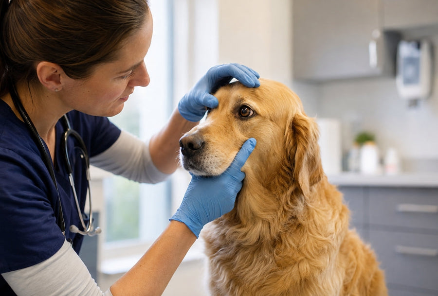 Veterinarian examining a dog’s eye for discharge and redness