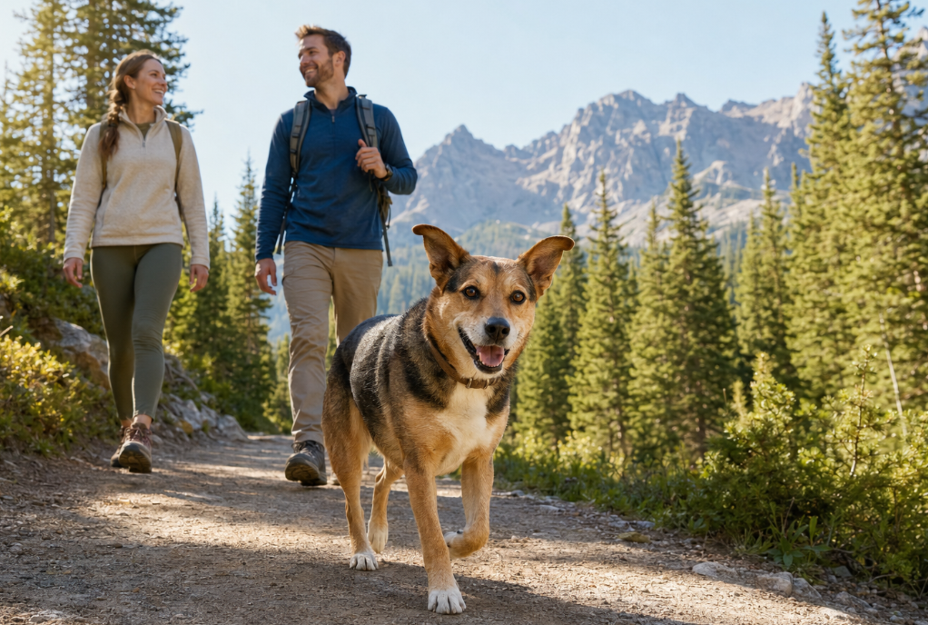 Dog hiking safely with its owners on a forest trail